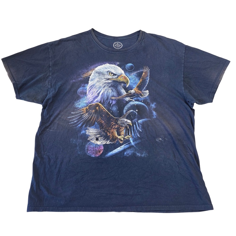 DOM Its About the Art Mens XL Thrashed Navy Blue Cosmic Bald Eagle Space T-Shirt